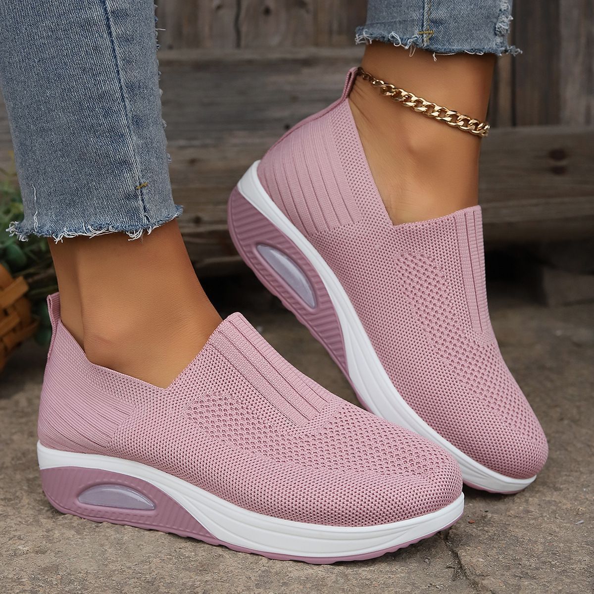 Purple lightweight breathable walking trainers with textured knit and white platform sole