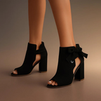 Women’s suede peep toe block heel sandals with ankle bow, cushioned footbed, black