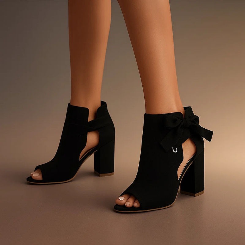 Women’s suede peep toe block heel sandals with ankle bow, cushioned footbed, black