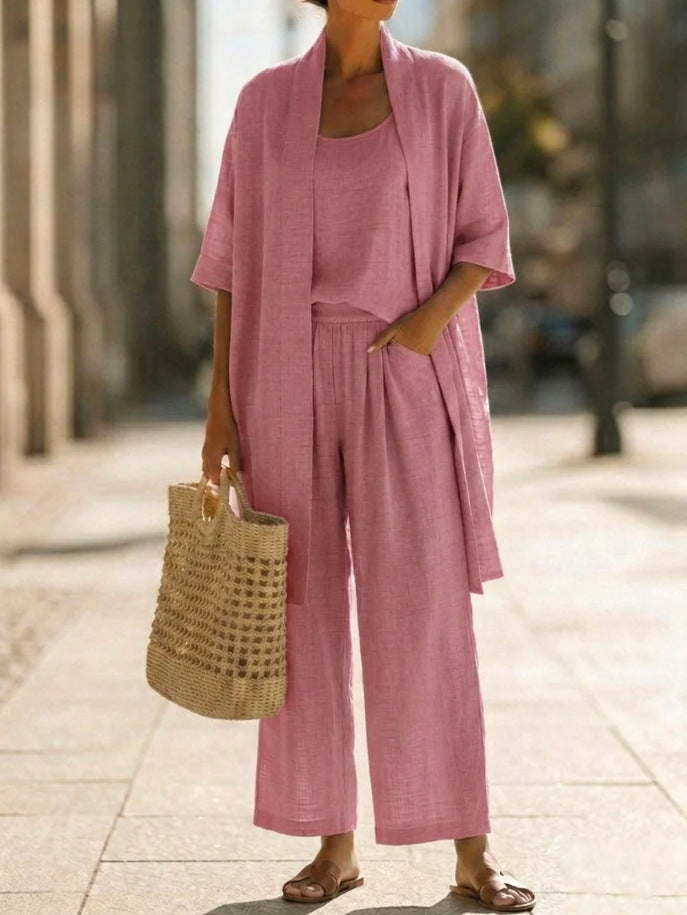 Women's open-front three-piece set, pink kimono top and wide-leg pants