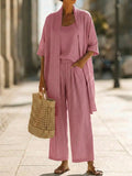Women's open-front three-piece set, pink kimono top and wide-leg pants