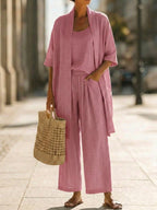 Women's open-front three-piece set, pink kimono top and wide-leg pants