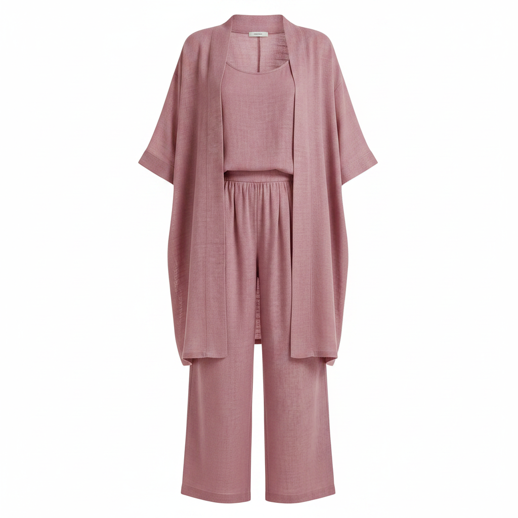 Women's open-front three-piece set, pink kimono top with wide-leg pants