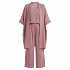 Women's open-front three-piece set, pink kimono top with wide-leg pants