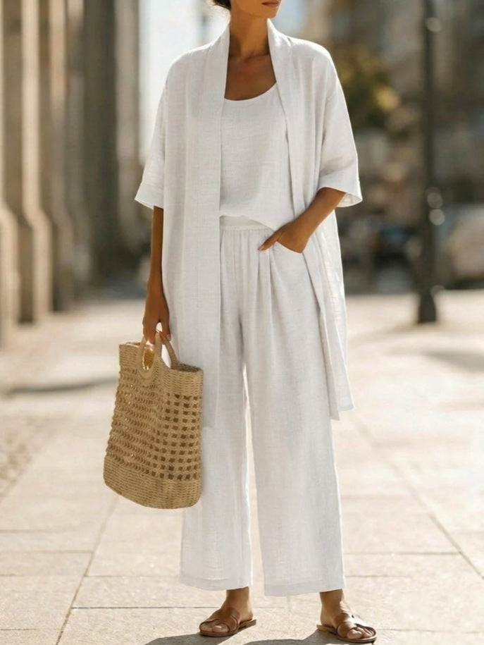 Women's open-front three-piece set, white kimono top and wide-leg pants
