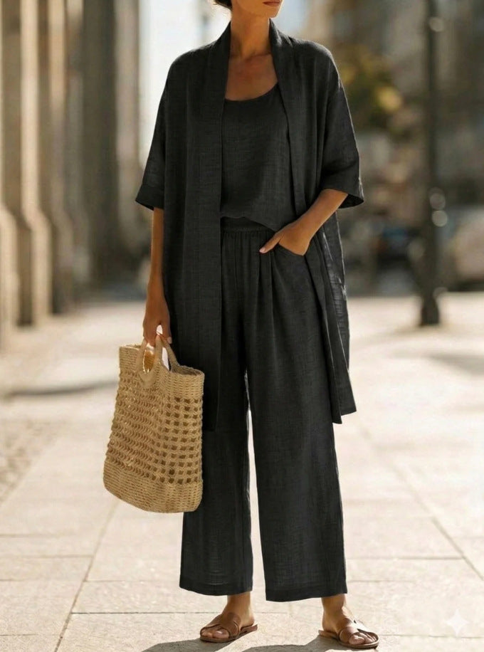 Women's open-front three-piece set, black kimono top and wide-leg pants