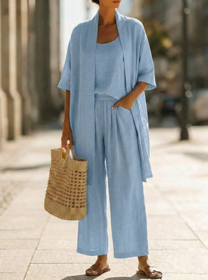 Women's open-front three-piece set, sky blue kimono top and wide-leg pants
