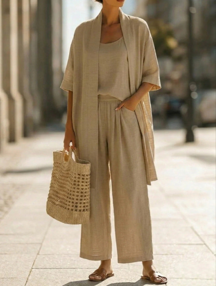Women's open-front three-piece set, khaki kimono top and wide-leg pants