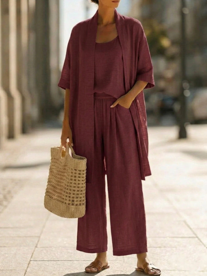 Women's open-front three-piece set, deep red kimono top and wide-leg pants