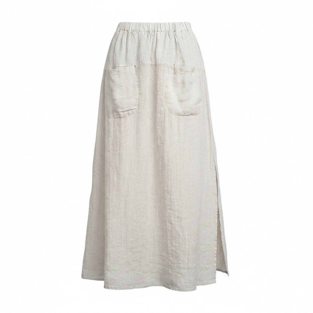 Women’s wide leg culottes with pockets, light cream elastic waist