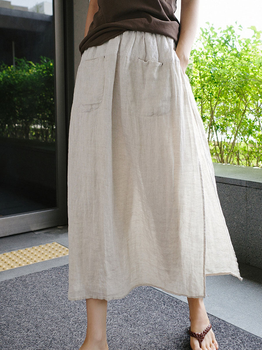 Cream linen culottes, wide-leg silhouette with side pockets and elastic waist