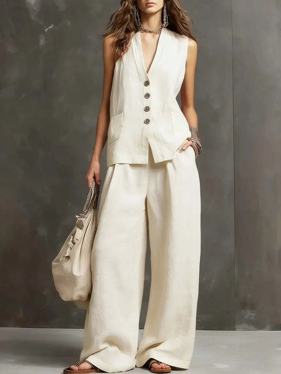 White V-neck waistcoat and wide-leg trousers set with gold button front