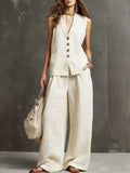 White V-neck waistcoat and wide-leg trousers set with gold button front