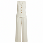 Cream V-neck sleeveless waistcoat and wide-leg trousers set with gold buttons