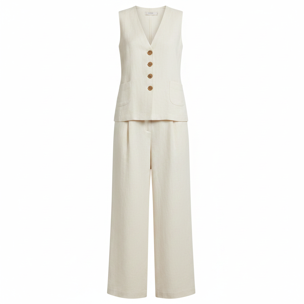 Cream V-neck sleeveless waistcoat and wide-leg trousers set with gold buttons