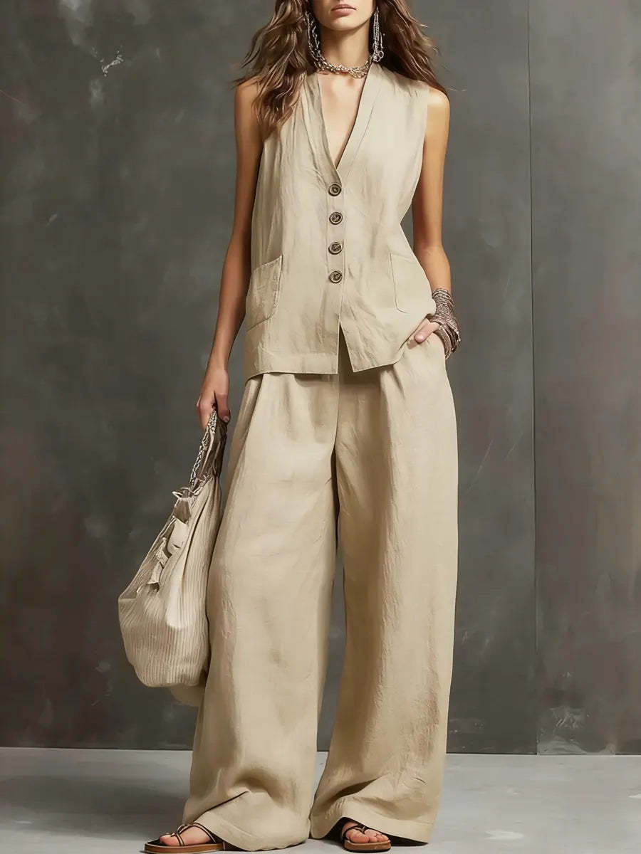 Beige V-neck waistcoat and wide-leg trousers set with gold button front