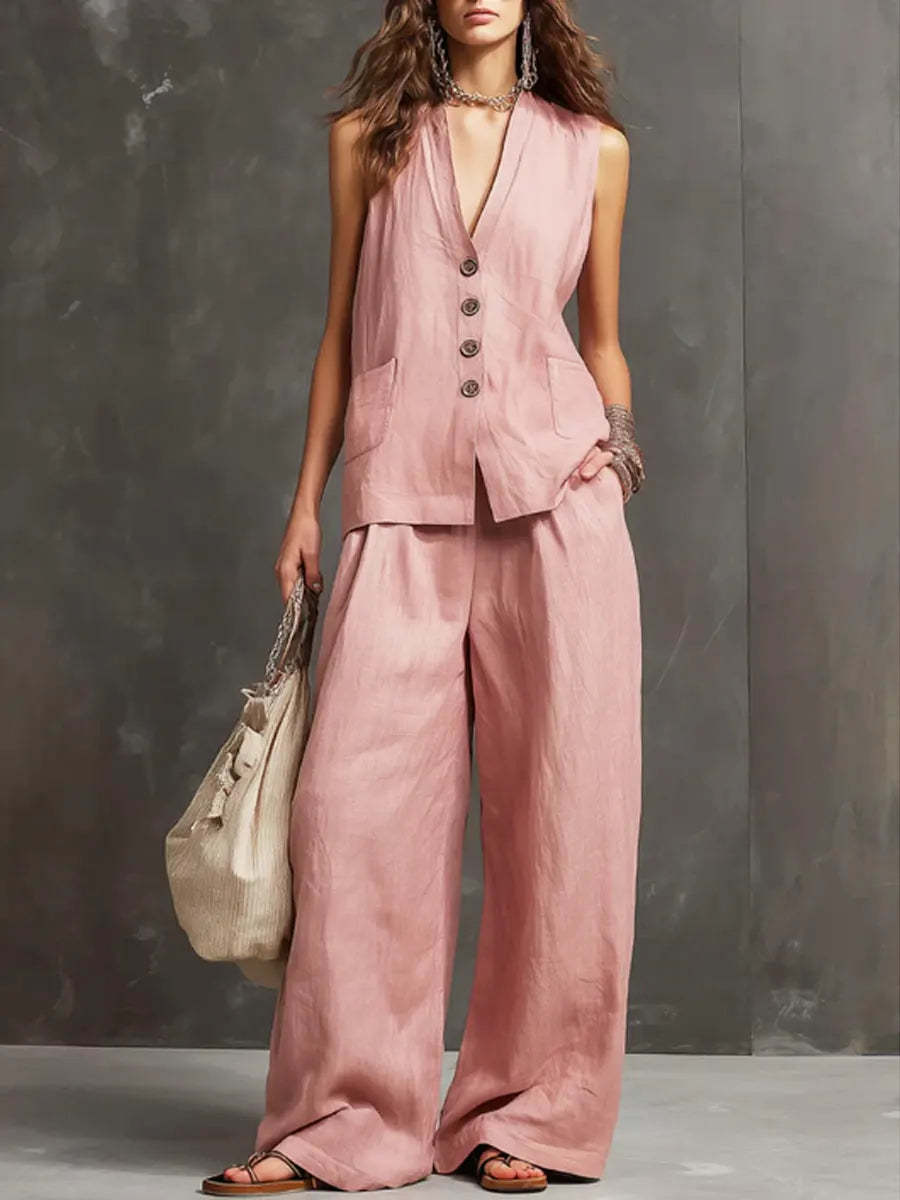 Pink V-neck waistcoat and wide-leg trousers set with gold button front