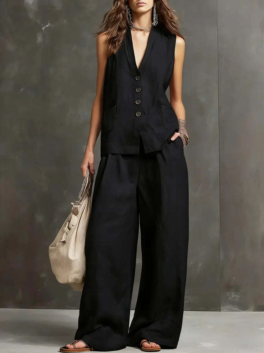 Black V-neck waistcoat and wide-leg trousers set with gold button front