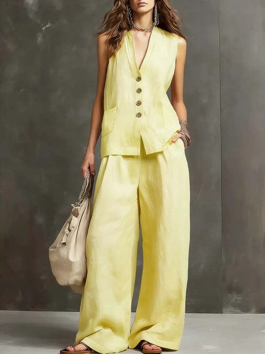 Yellow V-neck waistcoat and wide-leg trousers set with gold button front