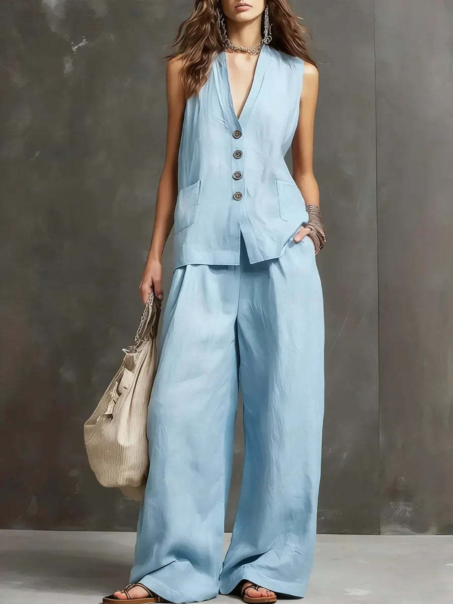 Light blue V-neck waistcoat and wide-leg trousers set with gold button front