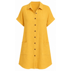 Yellow collared knee-length short-sleeve button-front dress with front pockets