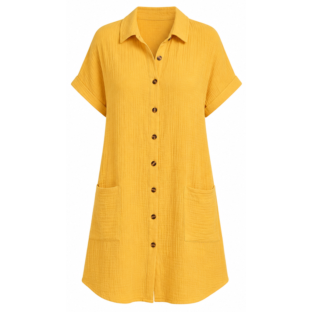 Yellow collared knee-length short-sleeve button-front dress with front pockets