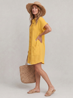 Yellow knee-length button-front short-sleeve dress with front pockets