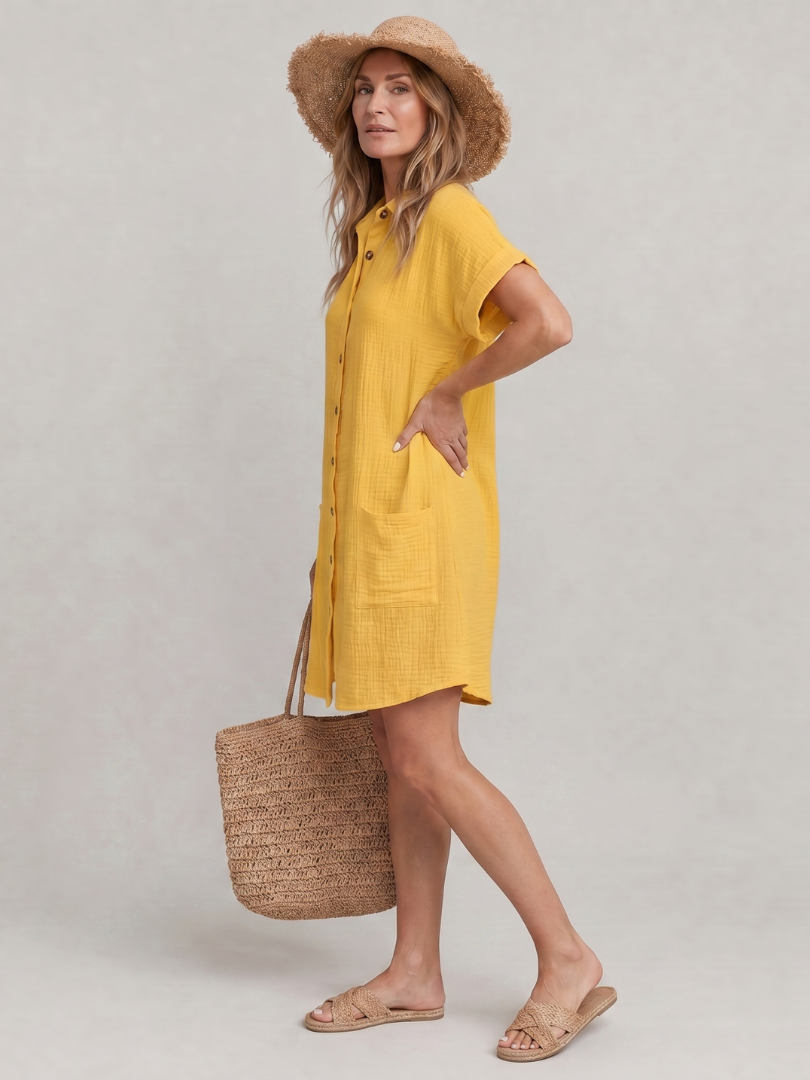 Yellow knee-length button-front short-sleeve dress with front pockets