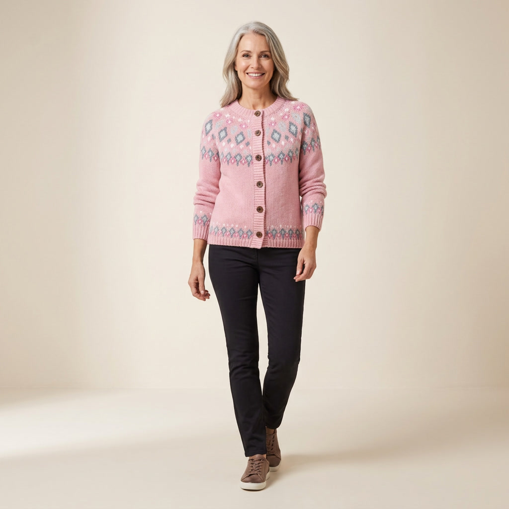 Women's lightweight open cardigan, pink button-front with patterned yoke and long sleeves