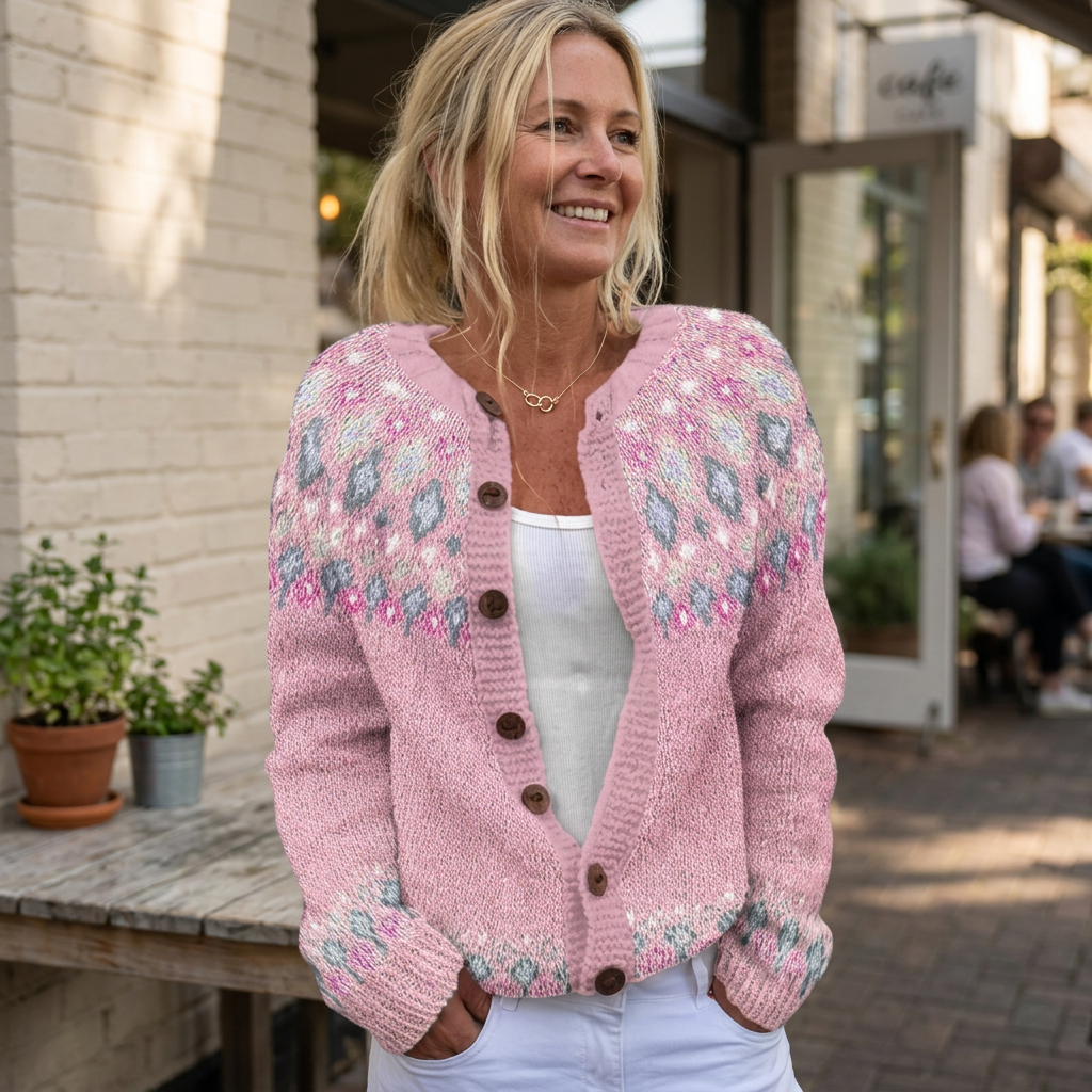 Women's pink longline open-front cardigan sweater with button placket and patterned knit