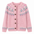 Women's pink patterned cardigan sweater with open front and round-button closure