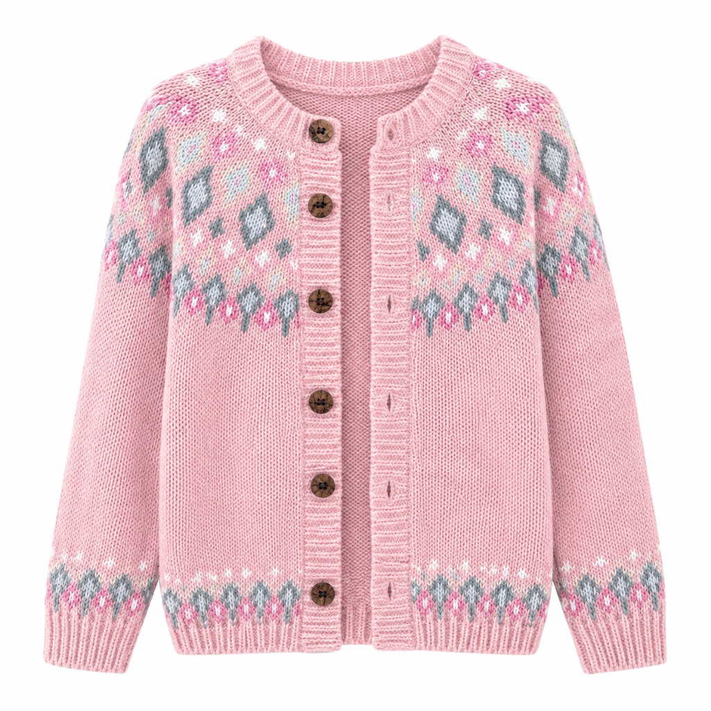 Women's pink patterned cardigan sweater with open front and round-button closure