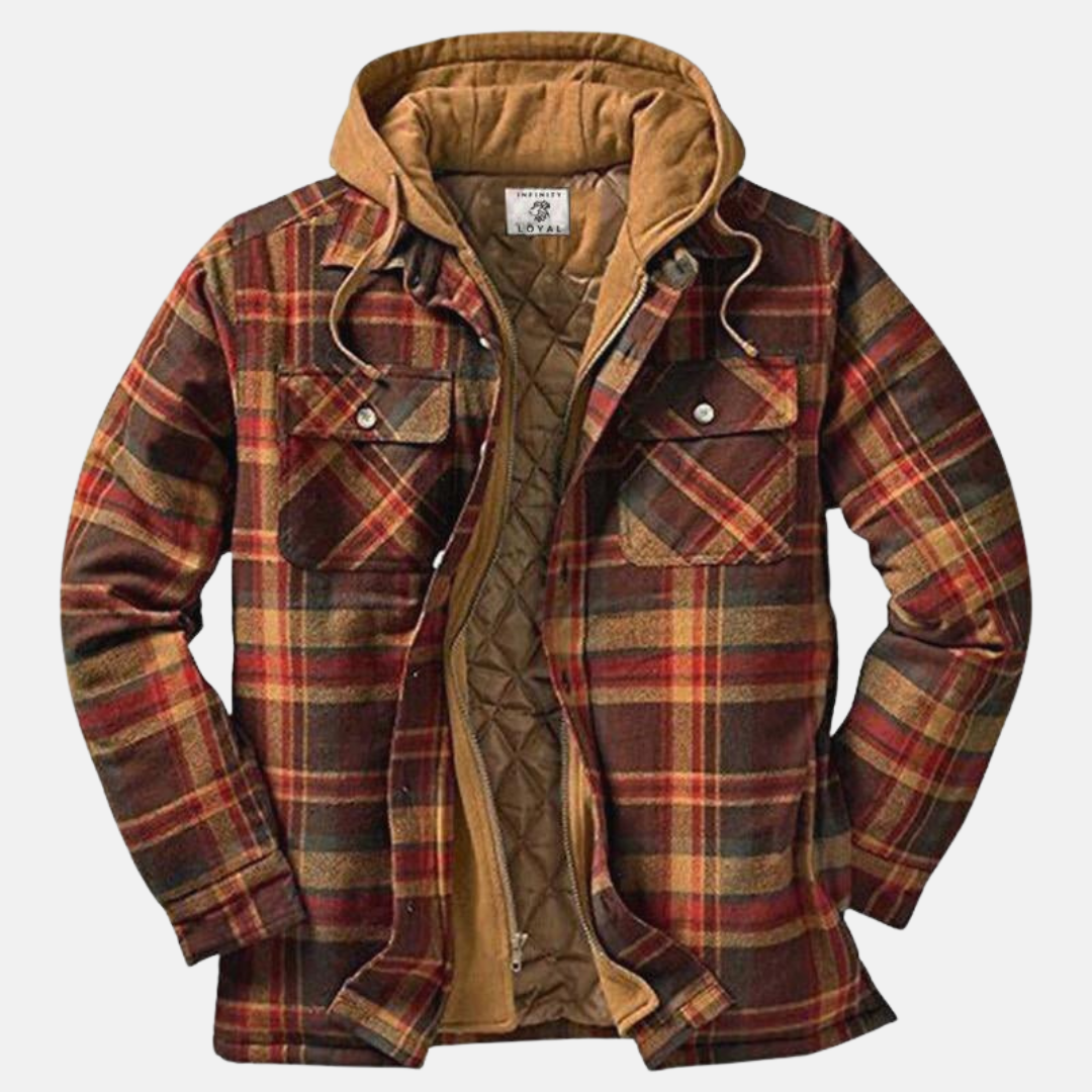 Men’s flannel jacket with plaid pattern, hood, and quilted inner lining