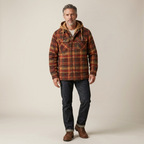 Men's plaid flannel jacket with hood, button front, chest flap pockets, brown red.