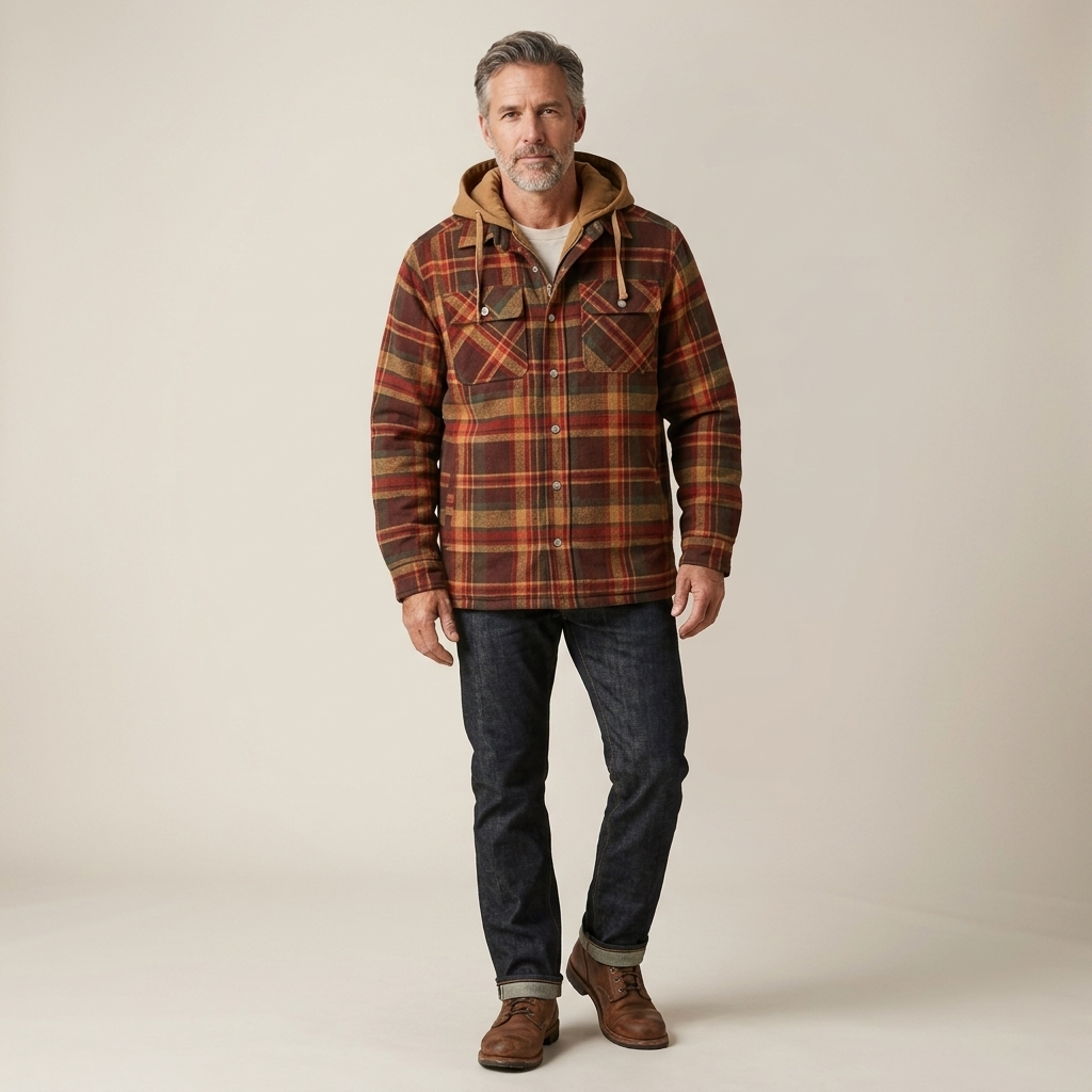 Men's plaid flannel jacket with hood, button front, chest flap pockets, brown red.