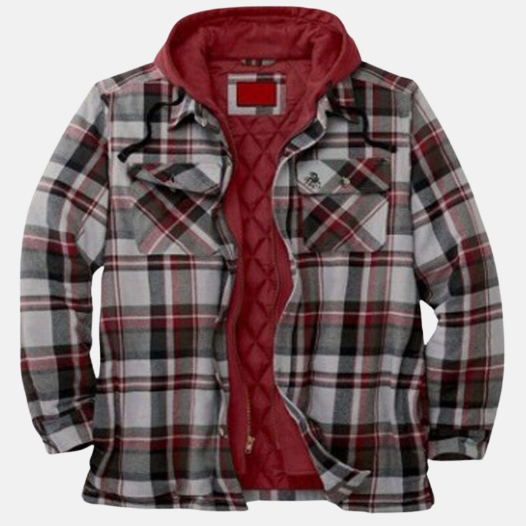 Men’s flannel jacket with gray plaid, burgundy hood, and quilted inner lining