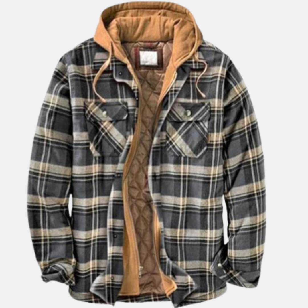 Plaid flannel jacket with hood, front pockets, and brown quilted lining
