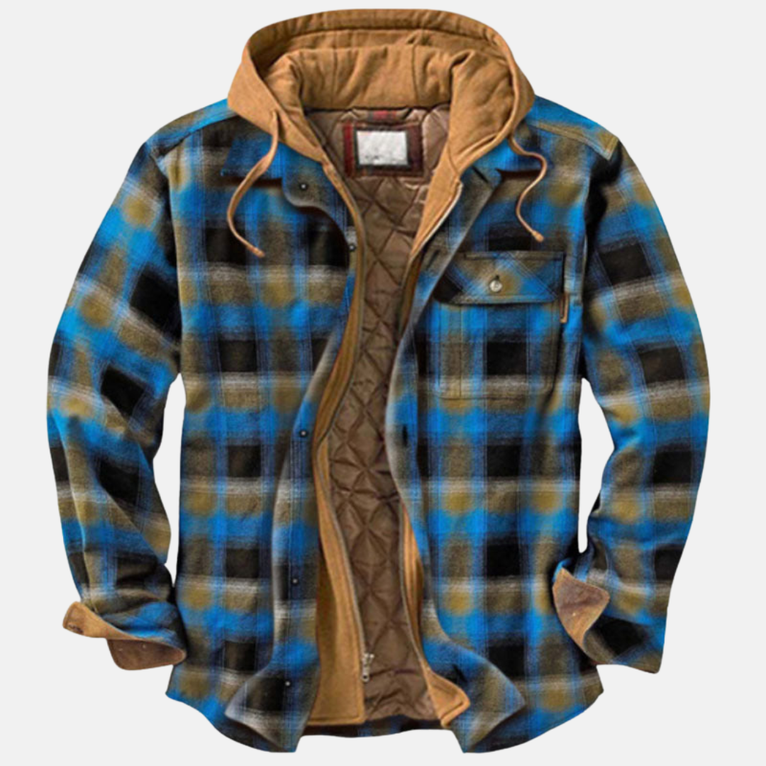 Blue plaid flannel jacket with hood, front pockets, and brown quilted lining