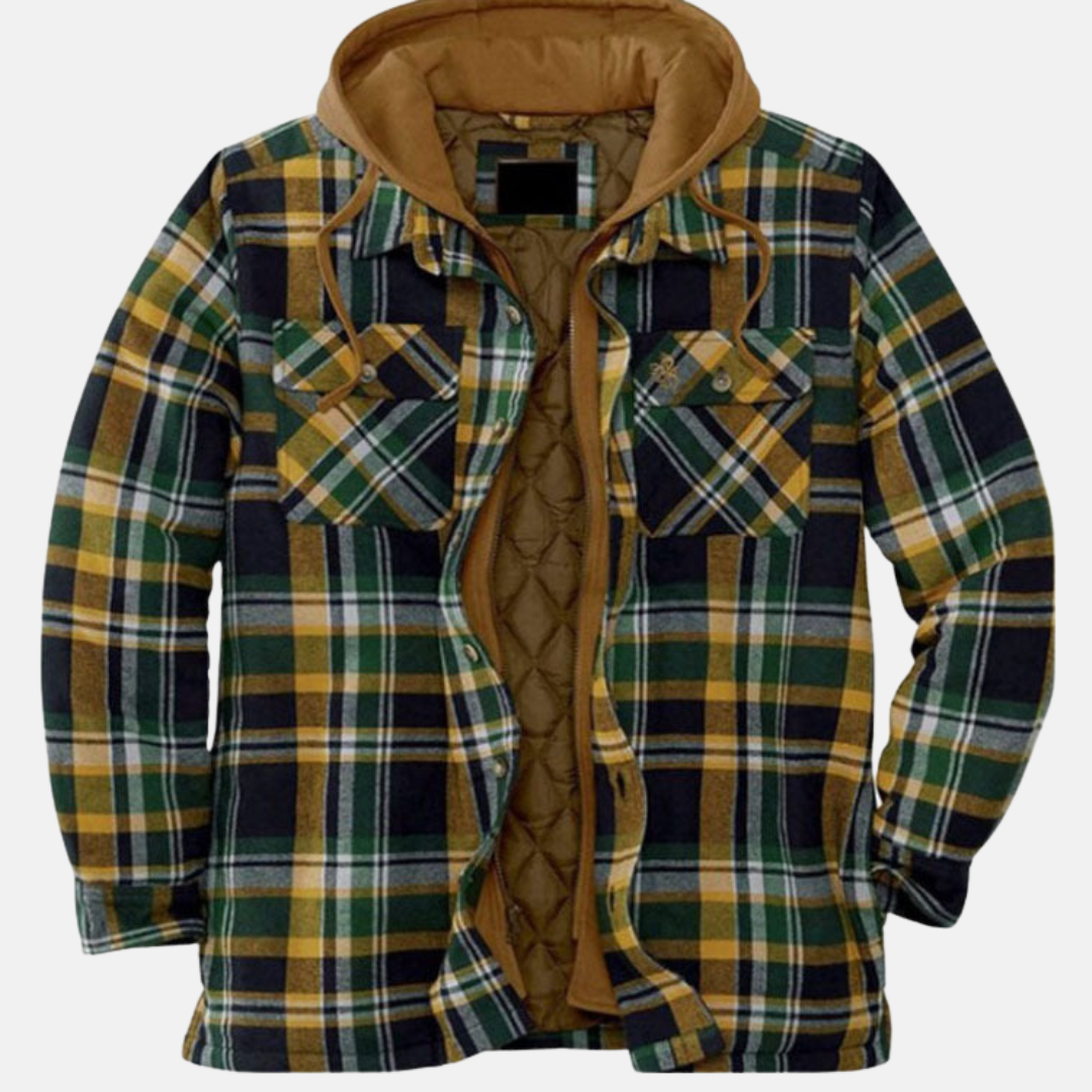 Men’s flannel jacket with green and navy plaid, hood, and quilted inner lining