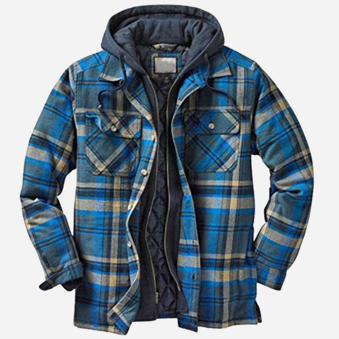 Men’s flannel jacket with blue plaid, hood, and quilted inner lining