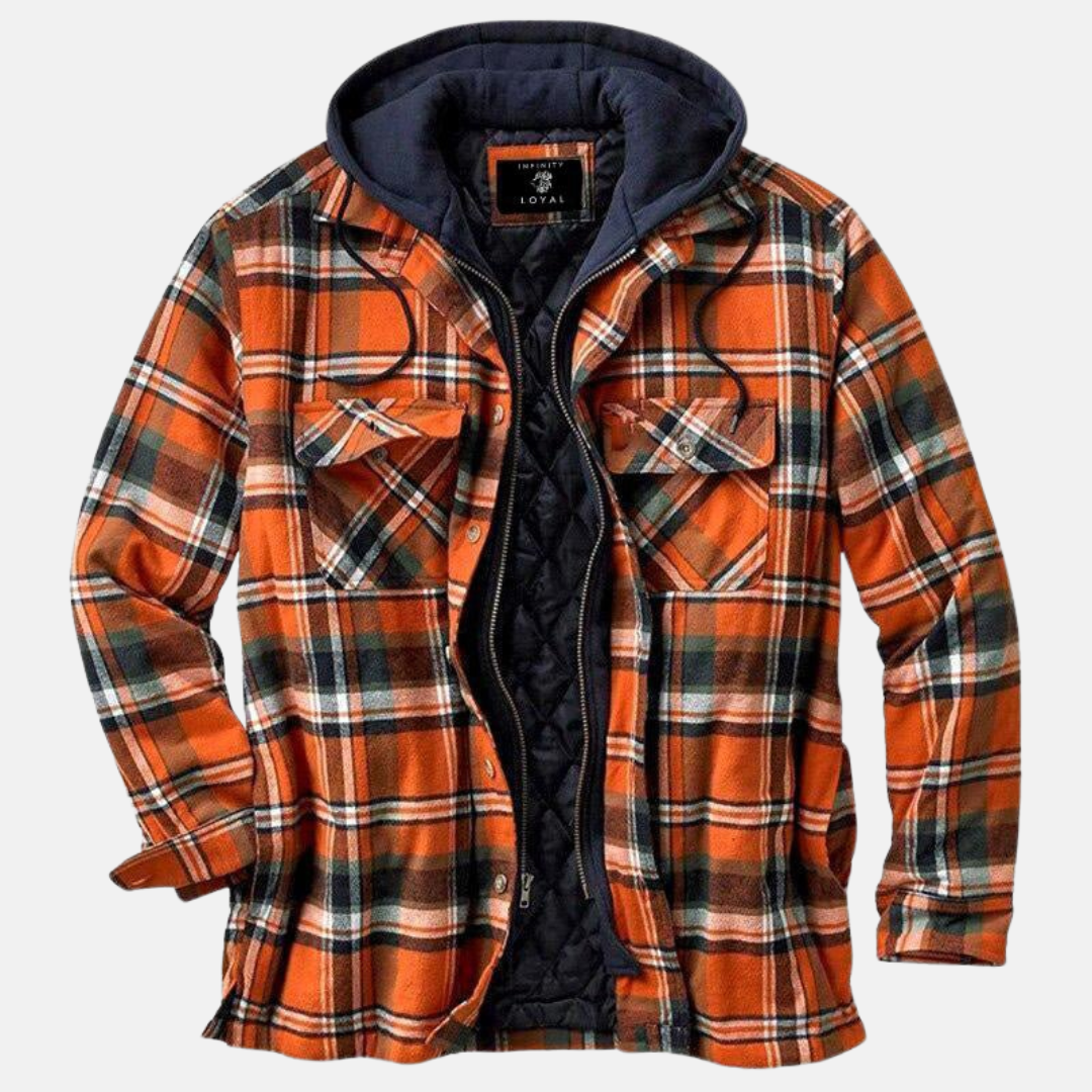 Men’s flannel jacket with orange plaid, hood, and quilted inner lining