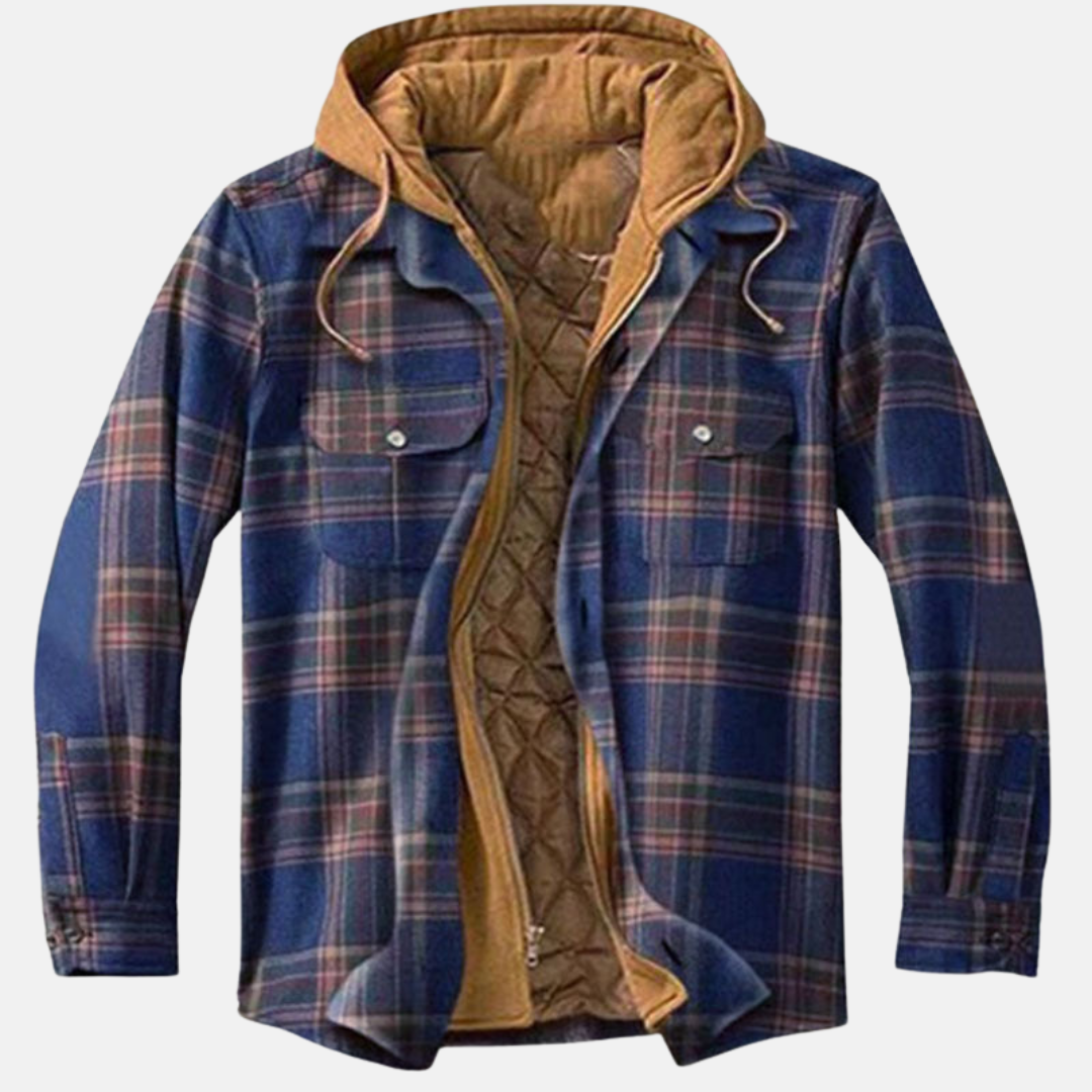 Men’s flannel jacket with blue plaid, tan hood, and quilted inner lining