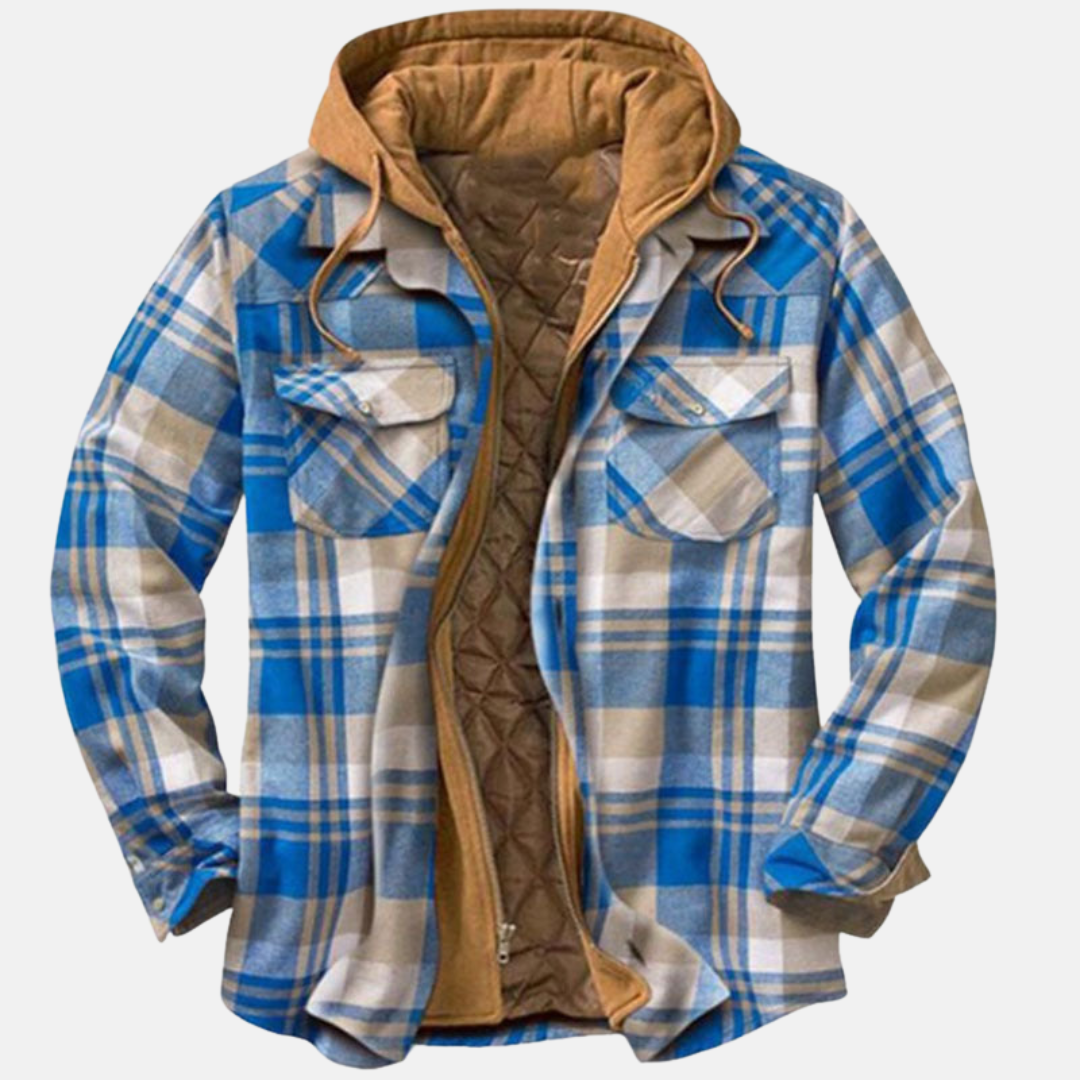 Men’s flannel jacket with blue plaid, tan hood, and quilted inner lining
