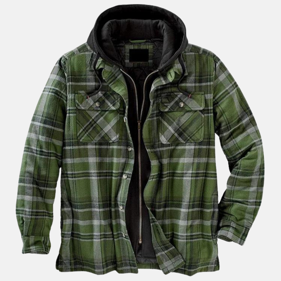 Men’s flannel jacket with green plaid, black hood, and quilted inner lining