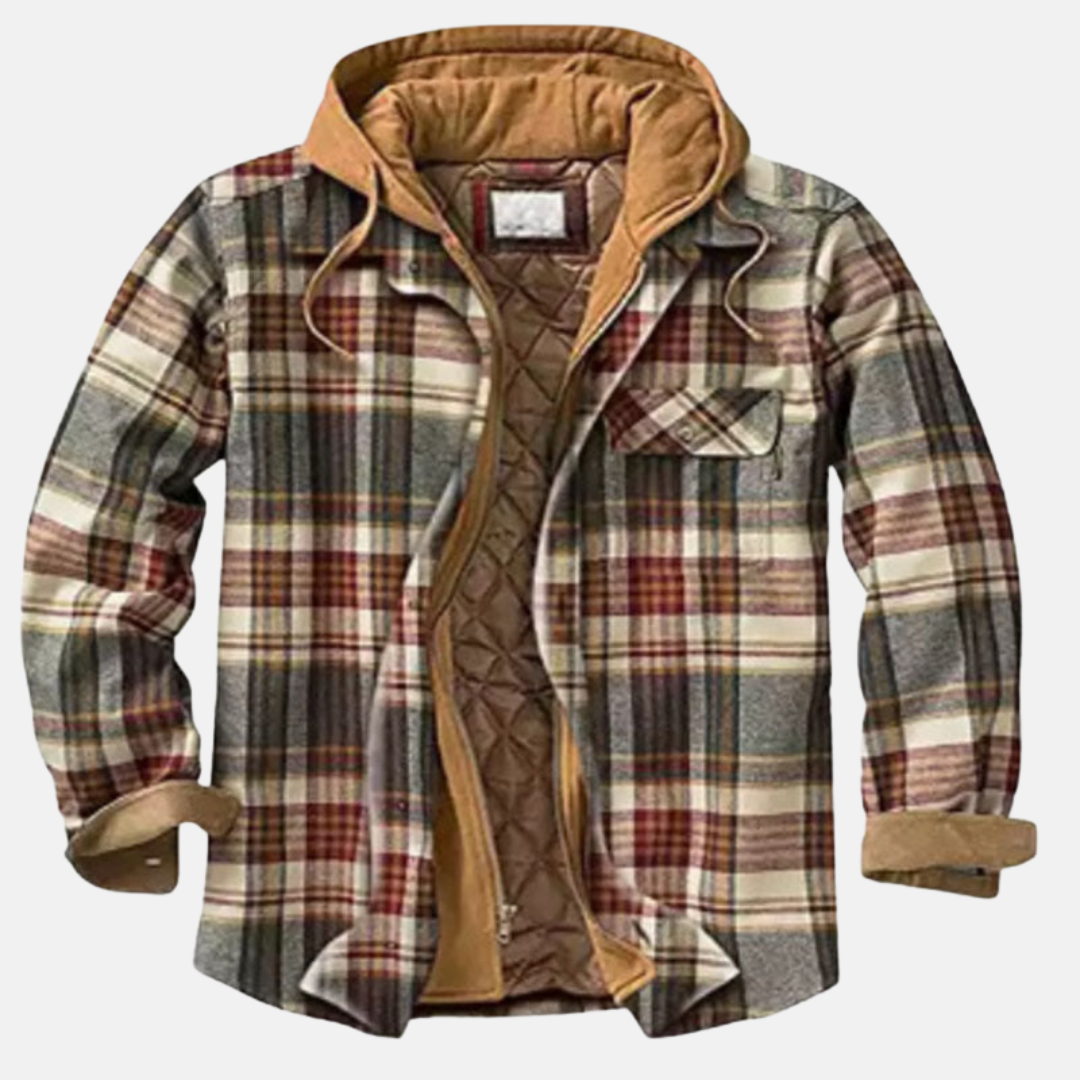 Men’s flannel jacket with brown plaid, tan hood, and quilted inner lining