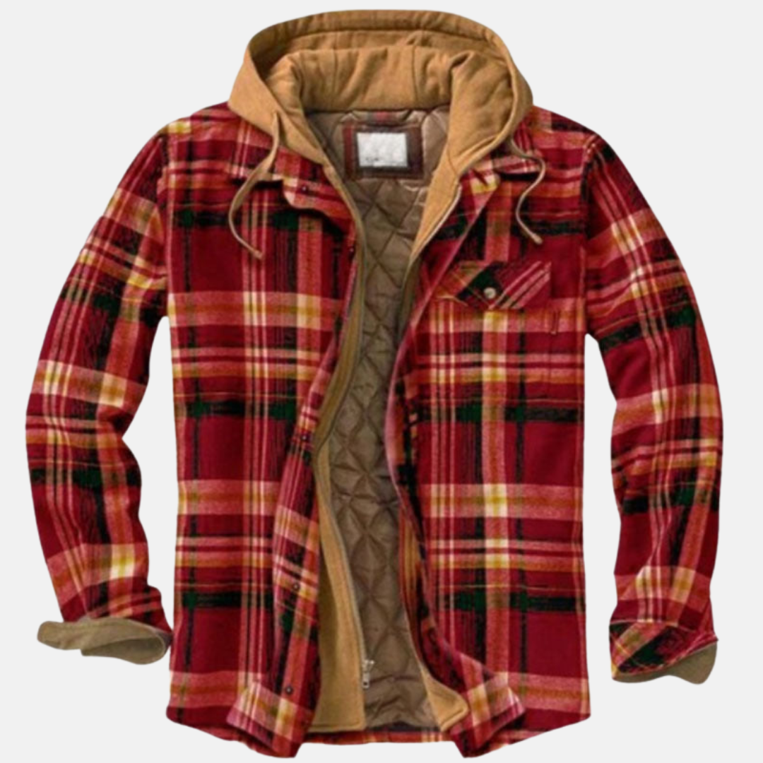 Men’s flannel jacket with red plaid, tan hood, and quilted inner lining