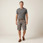 Men’s grey cargo shorts with relaxed fit and multiple utility pockets