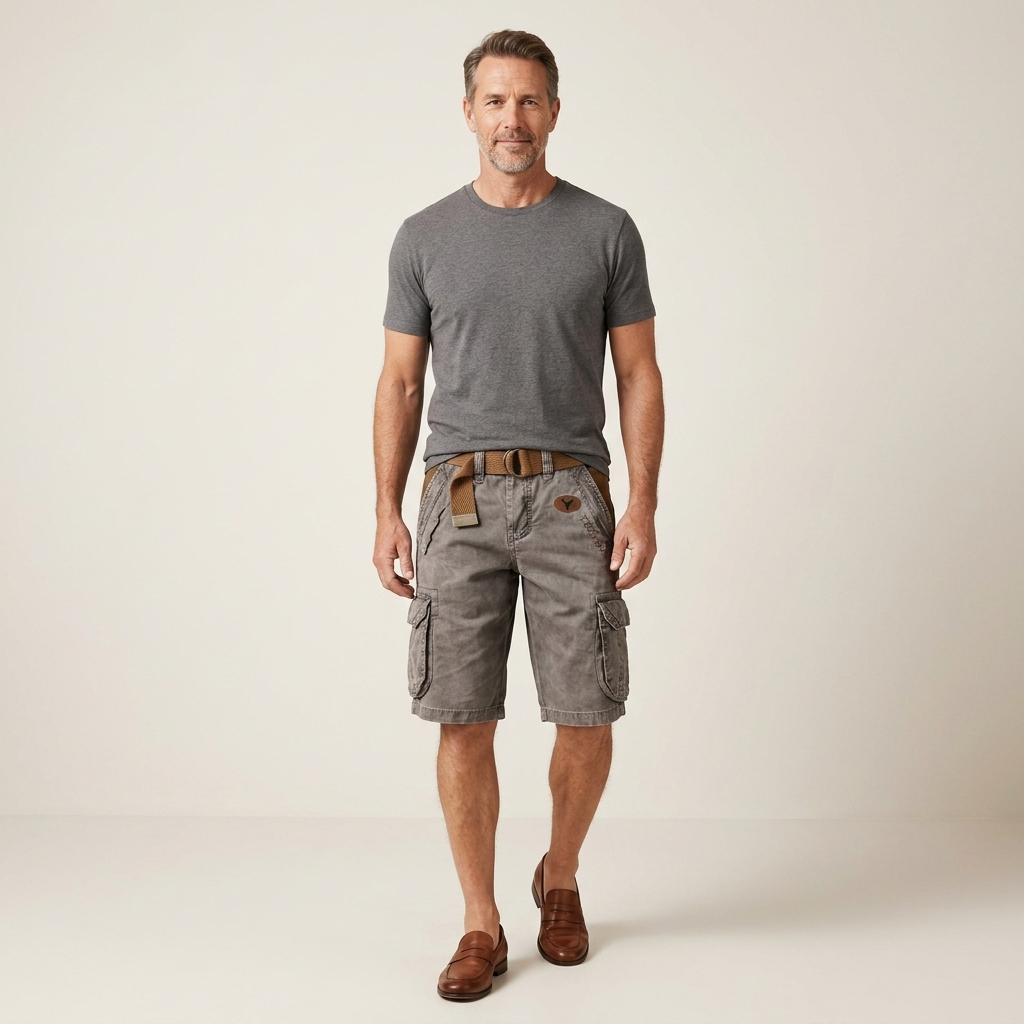 Men’s grey cargo shorts with relaxed fit and multiple utility pockets