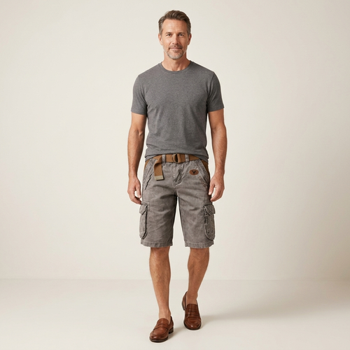Men’s grey cargo shorts with relaxed fit and multiple utility pockets