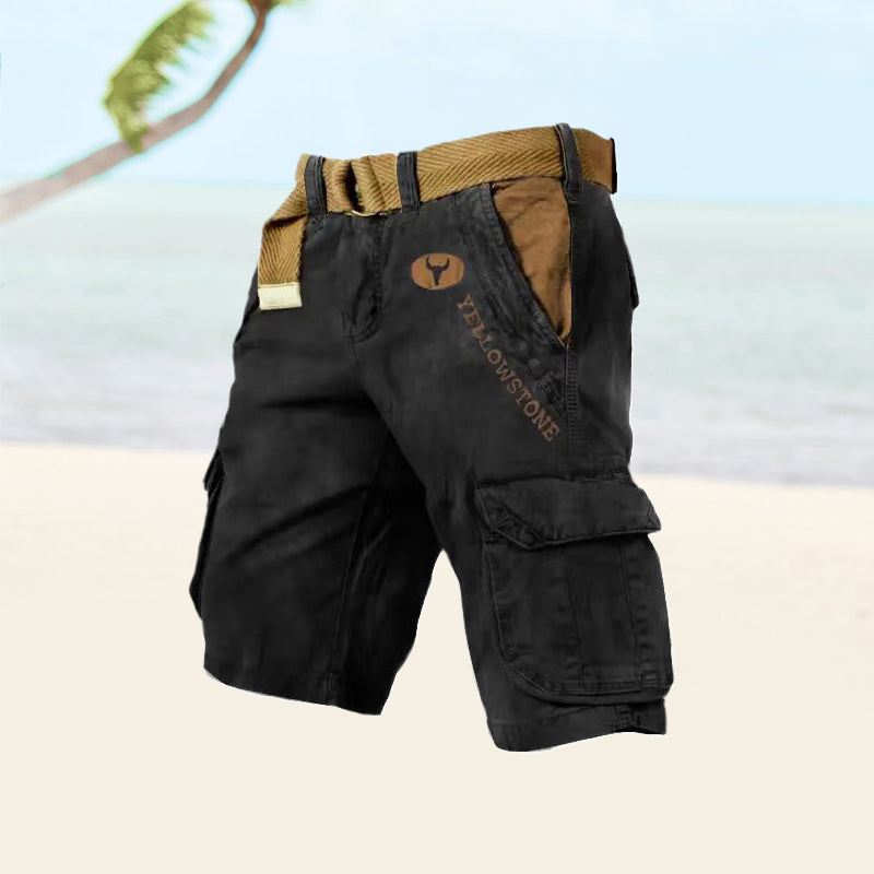 Black cargo shorts with tan webbed belt, side cargo pockets, relaxed fit